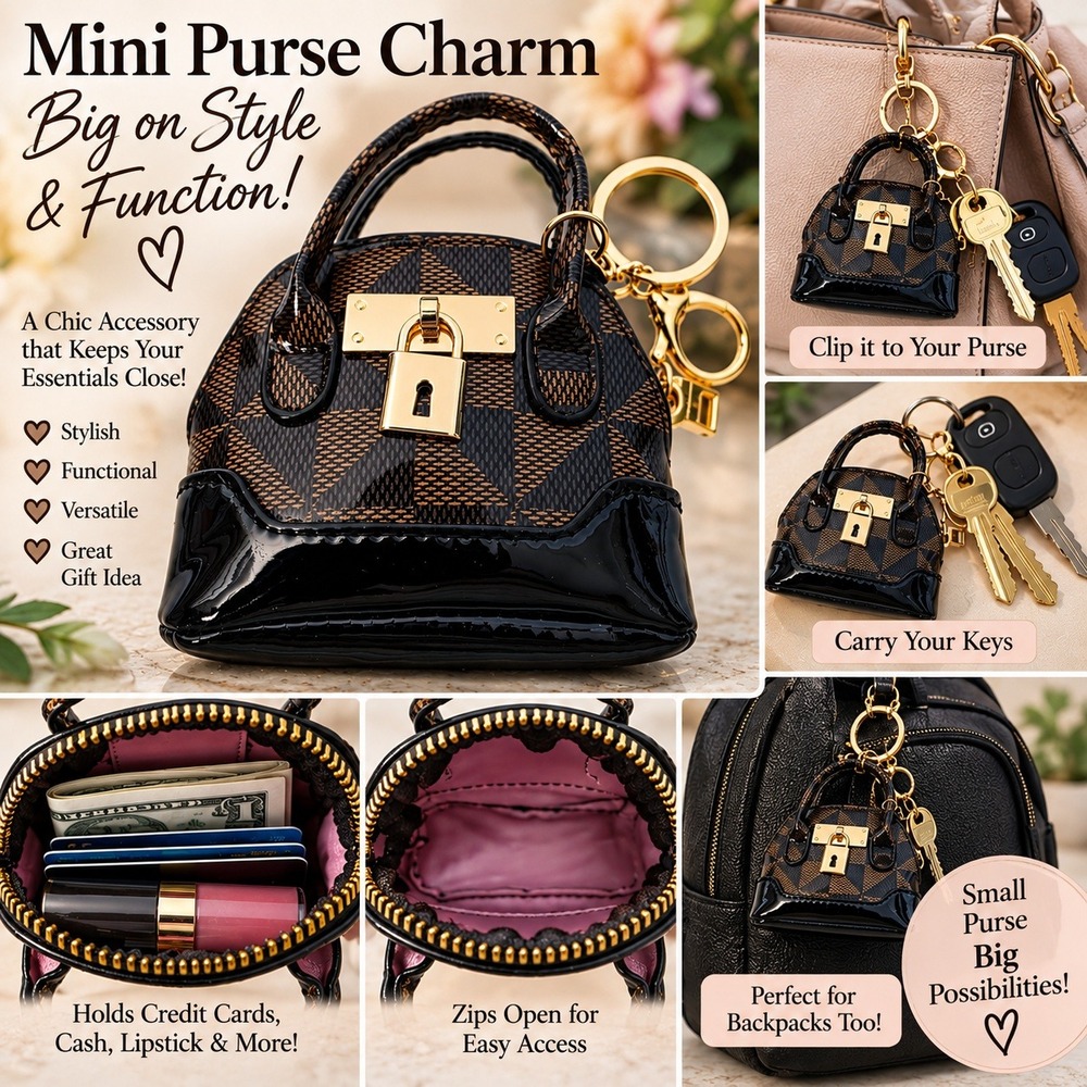 Mini Purse Keychain Charm Brown Checkerboard Patent Trim Bag Accessory New